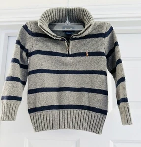 Polo Ralph Lauren Boys Gray Navy Blue Striped Winter Sweater 1/4 Zip Size 4T - Picture 1 of 7