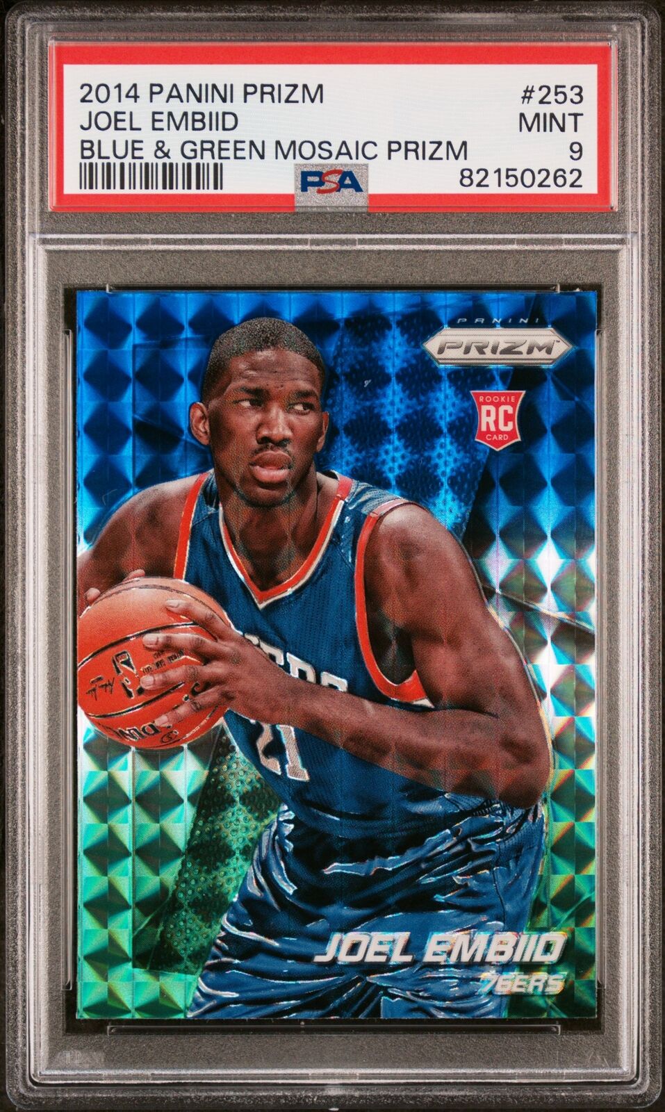 PSA 9 2014 Panini Prizm Joel Embiid Blue & Green Mosaic Prizm Rookie RC #253