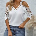 Women Blouse Off-the-shoulder tops V Neck Loose Short Sleeve Pullover Tunic Lace