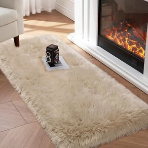 2X4 Ft Soft Faux Fur Area Rug Beige Fluffy Rug Plush Chair Cover for Room Decor - Picture 1 of 9