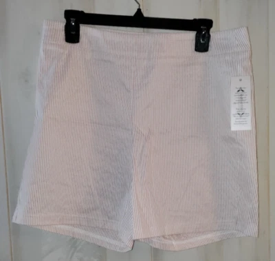 NUEVO CON ETIQUETAS MUJER $68 NANETTE LEPORE ELÁSTICO ROSA Y BLANCO RAYAS PULL ON CORTO TALLA L Foto 1 de 3