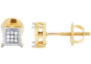 Unisex Real 10K Yellow Gold Genuine Diamond 5MM Square Stud Earrings 1/10 Ct - Picture 1 of 6