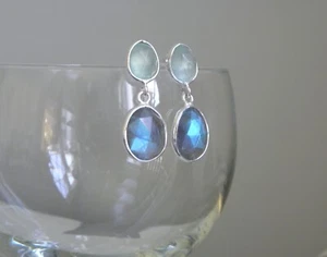 LYNN RODGERS 925 STERLING AQUA CHALCEDONY & LABRADORITE DOUBLE DROP EARRINGS! - Picture 1 of 9