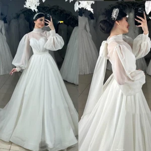 Organza Wedding Dresses Long Puffy Sleeves High Neck Sweep Train Bridal Gowns - Picture 1 of 9