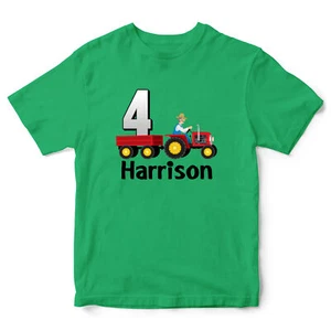 Personalised Birthday Tractor Kids T Shirt shirt Custom Name & Age Trailer Top - Picture 1 of 12