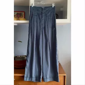 Vanessa Mooney Navy Blue Stripped Trouser Pants Size M Wide Leg High Waisted - Picture 1 of 6