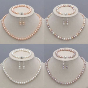 Set aus 7-8 mm 8-9 mm natürlichen Akoya-Zuchtperlen Halskette 18 Zoll Armband 7,5 Zoll Ohrringe - Bild 1 von 19