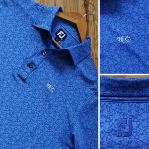 FootJoy Pique Golf Polo Shirt Men's M Blue Floral Print Performance Logo Stretch - Picture 1 of 8