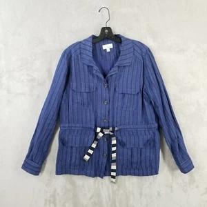 Anthropologie The Korner Jacket Women L Blue Striped 100% Linen Lined Safari - Picture 1 of 12