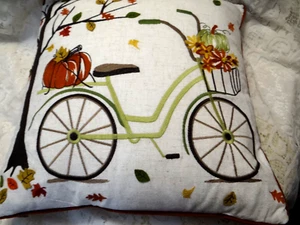 Pier 1 Throw Pillow Bicycle Leaves Embroidered Autumn EUC Striped back zippered - Picture 1 of 8