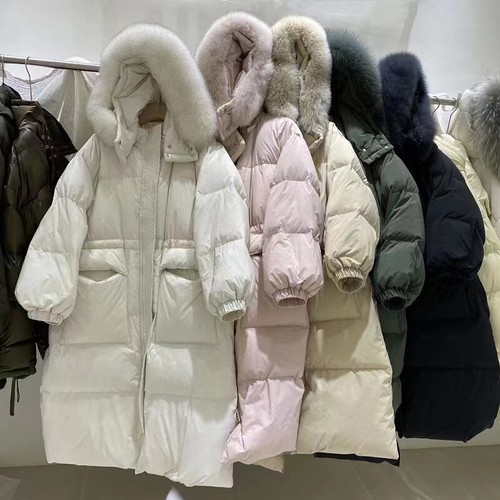 OFF WHITE Piumino donna lungo sciolto con cappuccio sopra il ginocchio spesso coreano collo pelliccia grande