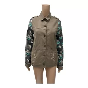 IKKS Over Shirt Button Up Jacket 100% Cotton Tan Floral Size 10 - Picture 1 of 13