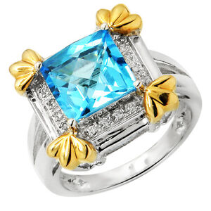 14K WHITE YELLOW TWO TONE GOLD PAVE DIAMOND BLUE TOPAZ COCKTAIL ENGAGEMENT RING