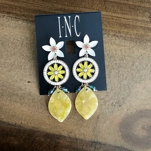 Flower and Lemon Gold-Tone Mixed Stone Dangle Drop Statement Earrings - Picture 1 of 3