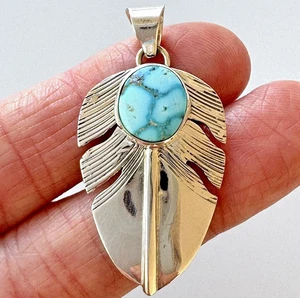Feather Navajo Sonoran Gold Turquoise Pendant Sterling Signed D Wylie 1.5" - Picture 1 of 5