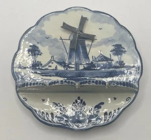 Delft Blue Ceramic Floral Spoon Holder W/ Windmill Blades Wall Decor - Picture 1 of 5