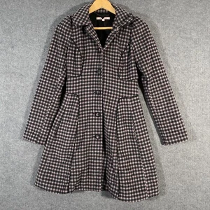 Review Coat Womens 6 Grey Pink Overcoat Tweed Wool Gingham Long Collared Formal - Picture 1 of 13