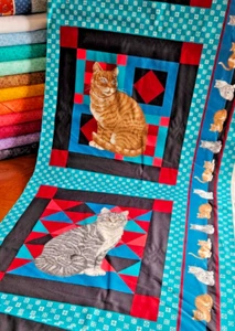 Vtg Cranston Print Works VIP 80s Fabric Country Cat /Kitty 4 Pillow Panels / Yd - Picture 1 of 4