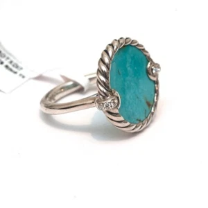 DAVID YURMAN New Ladies 18mm Elements Ring Silver Diamond & Turquoise Size 7.25 - Picture 1 of 8
