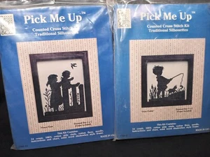 2 Counted Cross Stitch Kits Silhouettes Children Gone Fishing Fence Posts Frame - Picture 1 of 5