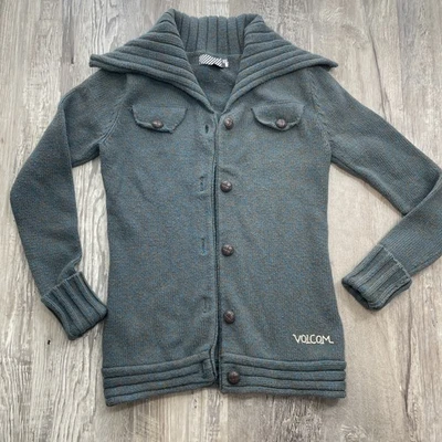 Volcom S Sweater Cardigan Button Up Y2k Vintage Collar Teal Womens size Small - Image 1 of 4