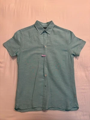 Men's Small Perry Ellis Casual Dress Button Down Linen Cotton Shirt Aqua - Image 1 of 4