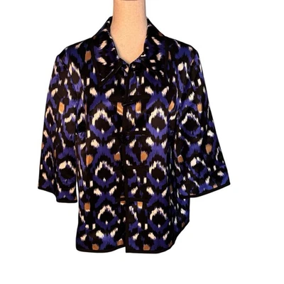 Jaqueta Blazer Doncaster Seda Mistura de Algodão Azul Preto Branco Manga 3/4 Plus 18W - Imagem 1 de 4