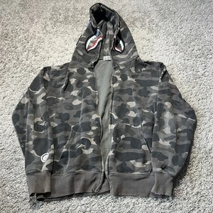 BAPE Black Gray Camo Shark Full Zip Hoodie Authentic Size Small *NO ZIPPER - Picture 1 of 14