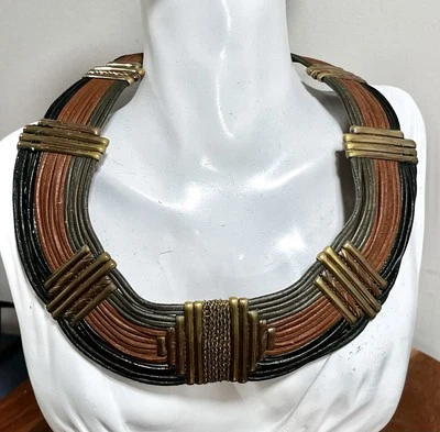 Vintage Alexis Kirk Necklace Leather Brass Boho Egyptian Revival Choker Modern - Image 1 of 4