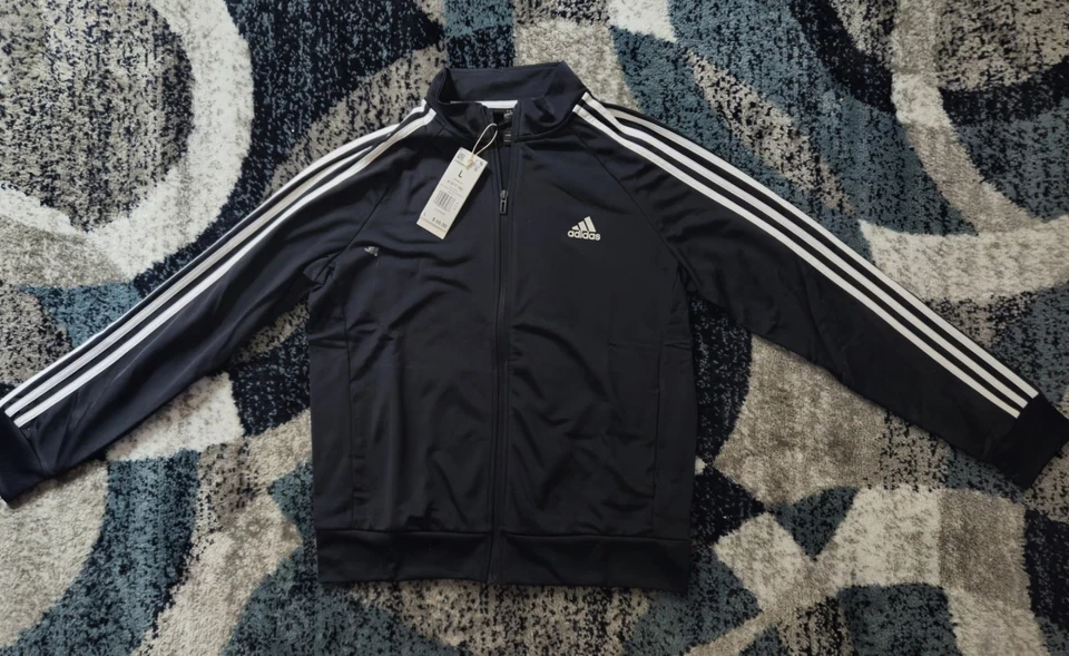 black Adidas Womens Large W 3S TT TRIC Track Jacket Stripes Legend Ink Zip Up