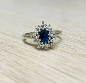 Ring Oval Shape Blue Sapphire and Diamonds 14K White Gold - Picture 1 of 4