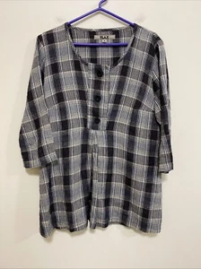 FLAX Small Oversized Linen Shirt Peplum Hem Heavy Fabric Gray Plaid - Picture 1 of 5