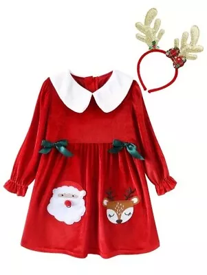 NEW Christmas Santa Reindeer Girls Red Long Sleeve Velour Dress & Headband - Image 1 of 4