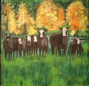 Original Kunstwerk Acryl an Bord Regina Micai Kühe im Herbst Herbst Gemälde - Bild 1 von 1