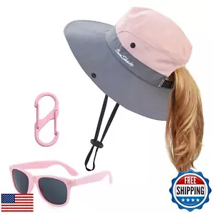 Kids Sun Hat with Sunglasses Girls UV Protection Wide Brim Summer Beach Cap w - Picture 1 of 5