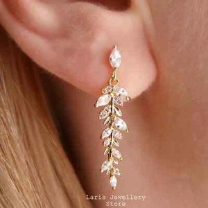 Gold Plated Long Crystal CZ Leaf Marquise Drop Dangle Earrings, Wedding Earrings - Picture 1 of 8