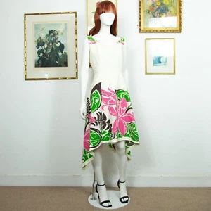 Vintage 1990s Midi Off White Asymmetrical Dress Floral Print Sleeveless Size M - Picture 1 of 6