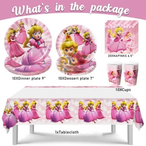 Pink Princess Peach Party Tableware w/ Tablecloth, Paper Plates, Napkins, Cups - Picture 1 of 5