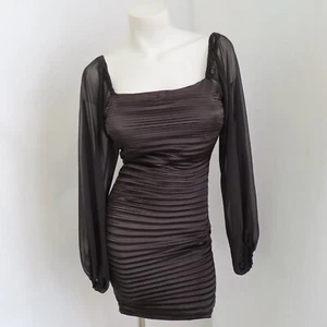 O Flux Dress Womens Small Black Satin Pleated Long Sleeve Short Wedding Party - Picture 1 of 24
