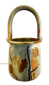 Wishon Harrell Studio Keramik Übertopf mit Griff blau & braun Blumen 9" Höhe 4,5" Breite - Bild 1 von 7