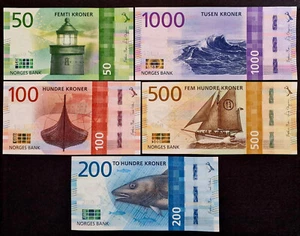 Norway Full Banknote Set – 5 x UNC Paper Money Bones 1000, 500, 200, 100, 50 KR - Picture 1 of 9
