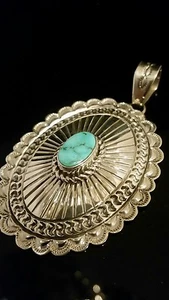 Sterling Silver Turquoise Concho Signed Navajo  Lt Blue Pendant June Delgarito - Picture 1 of 12