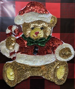 Orso di Natale paillettes e perline vintage fatto a mano calza/maglione applique - Foto 1 di 4