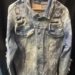 Chaqueta de Jean Smoke Rise Para Hombres 2XL Azul Lavado con Ácido Estilo Triturado Moda por Goteo - Imagen 1 de 12