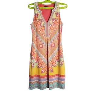 Hale Bob Size XS Beaded Mini Dress Geometric Print Jersey Shift Sleeveless V Nec - Picture 1 of 12