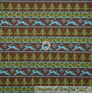 BonEful Fabric FQ Cotton Quilt Brown Green Deer Xmas Tree Knit Pattern Stripe UK - Picture 1 of 9