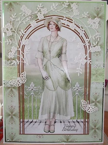 HANDMADE EDWARDIAN BIRTHDAY CARD WITH A SPRING GARDEN AND LADY IN GREEN DESIGN  - Picture 1 of 4