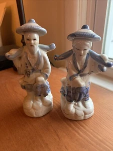 Chinese Asian Figurine Couple Man & Woman Blue White & Gold 6 inch Tall - Picture 1 of 11