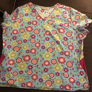 Cute, summer, pink, purple, blue, lime green print Scrub top women’s xl - Picture 1 of 4