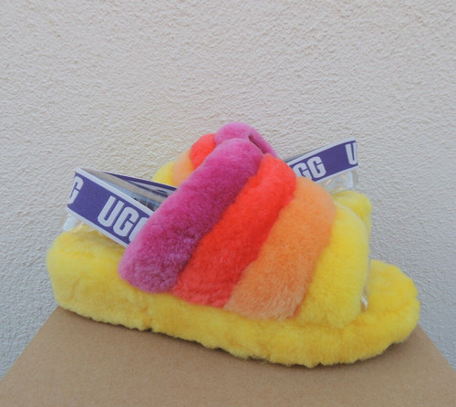 SANDALO PANTOFOLA UGG PRIDE RAINBOW FLUFF YEAH SLIDE PELLE DI PECORA DONNA US 8 39 ~NUOVO